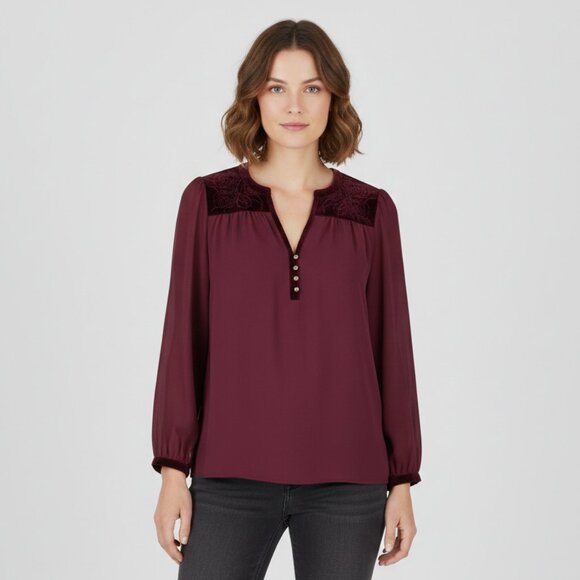 Love Riche Tops - Love Riche Maroon Large Long Sleeve Floral Velvet Detail Plunge Neck Blouse EUC